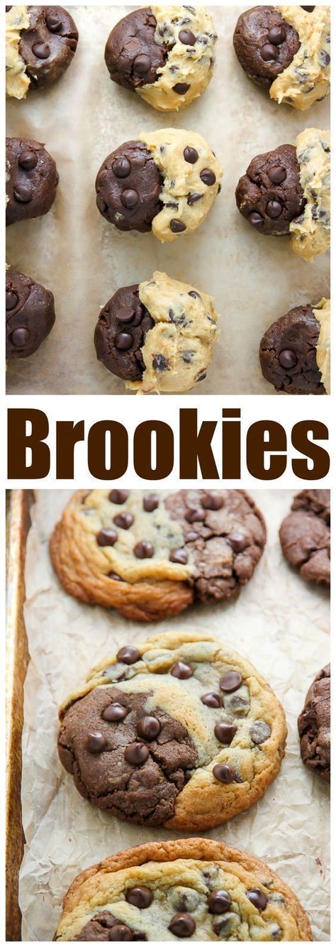 Thick and chewy, these treats are half chocolate chip cookies and half chocolate brownie!!! YUM. #brookies #cookies #browniecookies #chocolatechipcookies Half Brownie Half Chocolate Chip Cookie, Half Cookie Half Brownie, Cookie And Brownie Together, Brownie Swirl Cookies, Swirl Cookies, Resepi Biskut, Chocolate Chip Brownies, Easy Cookies, Sweets Treats