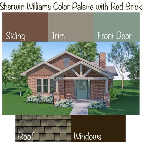 Exterior Paint Color Scheme Full color details available on Etsy Paint Colors With Red Brick, Orange Brick House Exterior, Brick House Exterior Colors Schemes, Brick Exterior Colors Schemes, Orange Brick Houses, Sherwin Williams Exterior Paint Colors, Benjamin Moore Exterior Paint, Colors With Red Brick, Red Brick House Exterior