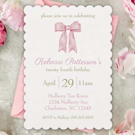 Coquette Pink Watercolor Bow Feminine Bday Party Invitation | Zazzle Invitation Card For Birthday Party, How To Make Invitation Card For Birthday, Coquette Invitation Card, Pink Invitations Birthday, Coquette Birthday Cards, Couqutte Birthday Theme, Pink Bow Party, Aesthetic Birthday Invitations, Cute Invitation Cards