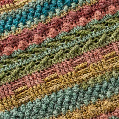 Bullion Crochet Stitch, Yarnspirations Patterns Free Crochet, Crochet Sampler Afghan, Crochet Striped Blanket Pattern, Crochet Sampler Blanket, Crochet Cals, Crochet Texture, Yarn Projects Crochet, Crochet Blanket Border