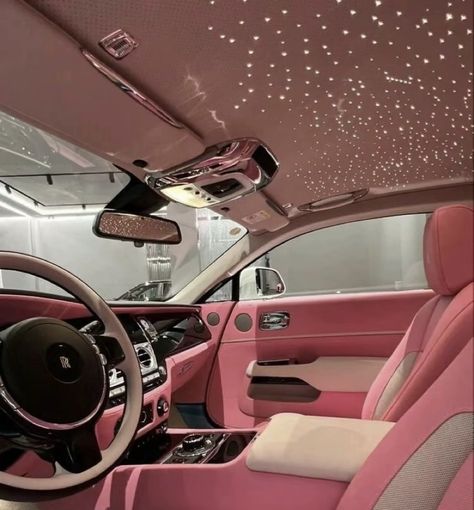 Hot Pink Inside Car, Pink Range Rovers Inside, Pink Seats Car, Pink Cars Inside, Inside The Car Aesthetic Pink, Pink Hellcat Interior, Pink Buggati, Pink Wrapped Car Interior, Inside Cars Aesthetic