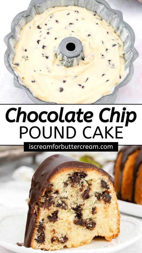 This scratch chocolate chip pound cake with sour cream is super moist and delicious and topped with a rich chocolate glaze. Candy Bundt Cake, Pound Cake With Sour Cream, Cake With Sour Cream, Chocolate Chip Pound Cake, Chocolate Chip Bundt Cake, Cake Rolls, Sour Cream Pound Cake, Sour Cream Cake, Chocolate Chip Cake