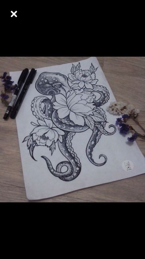 An octopus makes a great tattoo...add flowers to it and now its very feminine. #octopus #octopustattoo #tattooideas #nautical #nauticaltattoo #tattoo Octopus Thigh Tattoos, Octopus Tattoo Sleeve, Simple Tattoos For Women, Octopus Tattoo Design, Octopus Tattoos, Ocean Tattoos, Theme Tattoo, Nautical Tattoo, Inspiration Tattoos