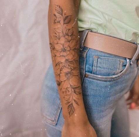 Feminine Fine Line Tattoo Sleeve, Feminine Arm Tattoo Placement, Woman Lower Arm Tattoo, Arm Flower Sleeve Tattoo, Arm Tattoos For Women Fine Line, Flower Half Sleeve Tattoos For Women Floral Art Designs, Forearm Floral Sleeve, Dainty Floral Sleeve Tattoo, Back Of The Arm Flower Tattoo