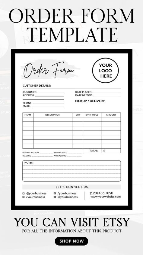 Editable Order Form Canva Template Small Business Forms, Purchase Order Form, Order Tracker, Cake Order Forms, Custom Order Form, Excel Shortcuts, Order Form Template, Candle Bar, Small Business Organization