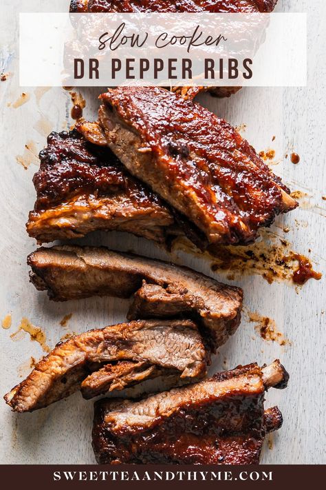 Dr Pepper Slow Cooker Ribs Dr Pepper Food Recipes, Crockpot Ribs With Dr Pepper, Dr Pepper Ribs Crockpot, Bbq Ribs Sides Dishes, Bbq Ribs Sides, Dr Pepper Ribs, Crockpot Pork Ribs, Cooking Pork Ribs, Slow Cooker Ribs Recipe