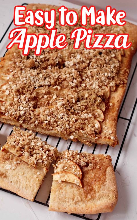 This Apple Pizza is so delicious and easy to make. Store bought pizza dough crust, cinnamon, sugar, butter, caramel sauce, apples and rolled oats come together quickly for this tasty dessert.  Eat it warm by itself or serve it a la mode with vanilla ice cream. Pizza Crust Apple Dessert, What To Do With Pizza Dough, Butter Caramel Sauce, Cinnamon Sugar Butter, Apple Pizza, Store Bought Pizza Dough, Pizza Crust Dough, No Bake Cherry Cheesecake, Apple Desserts Easy