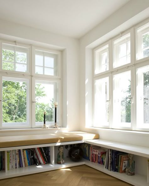 Below Window Bookshelves, Low Ikea Bookshelves, Low Window Bench Seat With Storage, Low Bookshelves Under Window, Sofa Window Seat, Low Shelves Under Window, Window Seat Shelves, Low Window Bench, Window Sofa Design