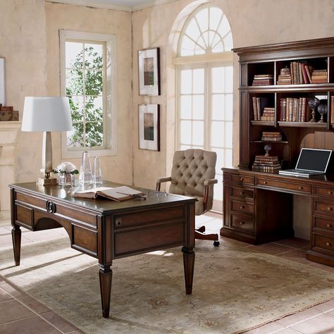 Buckley Leather-Top Desk - Ethan Allen US Leather Top Desk, Cheap Office Furniture, Modern Home Office Desk, Modern Home Office Furniture, Luxury Desk, Classic Desk, Office Furniture Design, Home Office Storage, Modern Home Office