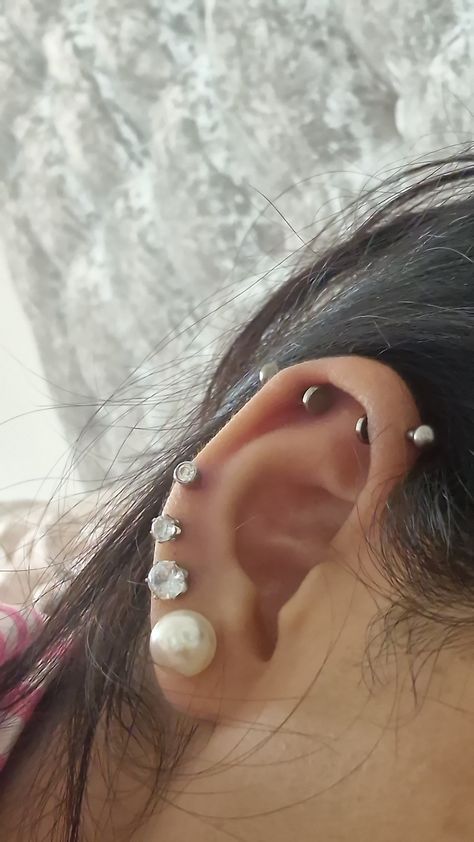 earrings, piercings, lobe piercings, triple lobe, industrial piercing, cartilage piercings Triple Earlobe Piercing, Piercings With Industrial, Piercings Lobe, Triple Lobe, Earlobe Piercings, Earrings Piercings, Lobe Piercings, Piercing Cartilage, Cartilage Piercings