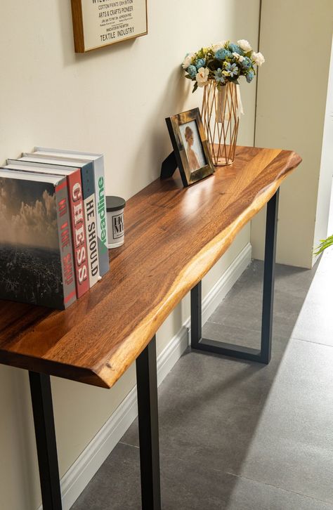 Console Table U Shaped Legs South American Walnut Modern - Etsy Rustic Wooden Console Table, Live Edge Entryway Table, Live Edge Table Legs Ideas, Live Edge Sofa Table, Walnut Sofa Table, Live Edge Console Table, Rustic Entryway Table, Sofa Table With Storage, Modern Sofa Table