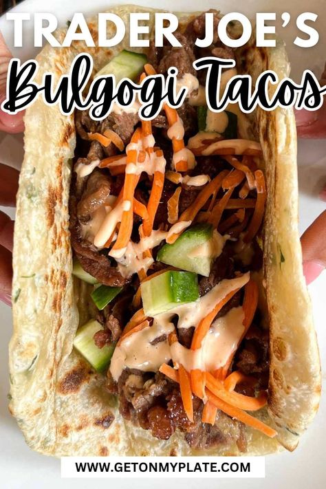 Heaven in one bite is the perfect way to describe these Trader Joe's beef bulgogi tacos! Using the deliciously sweet and flavorful Trader Joe's Beef Bulgogi, we add crunchy veggies, an addicting sriracha mayo, and wrap it all up in a crispy green onion pancake! Divine! This dinner recipe is made with Trader Joe's ingredients and perfect for an Trader Joe's easy meal! Crunchy veggies, sweet beef bulgogi and creamy sriracha mayo all come together for a delicious meal ready in 20 minutes! Bool Kogi Recipe, Trader Joes Pizza Recipe, Beef Bulgogi Tacos, Bulgogi Tacos, Trader Joes Recipes Dinner, Trader Joes Meal Planning, Trader Joes Recipes Healthy, Beef Bulgogi Recipe, Green Onion Pancake