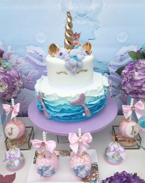 Unicorns, Mermaids, fairies Birthday Party Ideas | Photo 17 of 21 | Catch My Party Fairies Birthday Party, Ellie Mae, Mermaid Unicorn, Fantasy Cake, Unicorn Mermaid, Girl Bday Party, Unicorn Birthday Cake, Mermaid Party Decorations, Fairy Birthday Party