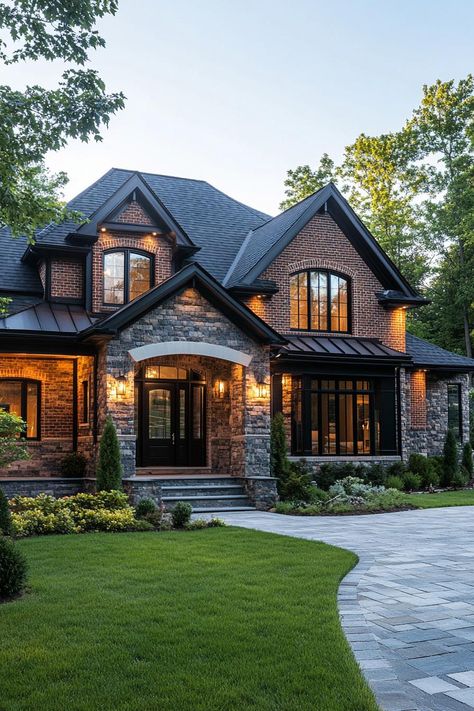 Elegant brick house with warm exterior lighting. Brick facade houses stand out like a flashy bow tie at a black-tie event. See why they might just be the charming exteriors you didn’t know you needed. Limestone House With Black Trim, Brick Stone Wood House Exterior, Mixing Brick And Stone Exterior, Brick Mountain Home, Brick Stone House Exterior, Stone Houses Exterior, Brick Accent Exterior House, Modern Brick House Exterior Ideas, Brick House With Black Windows