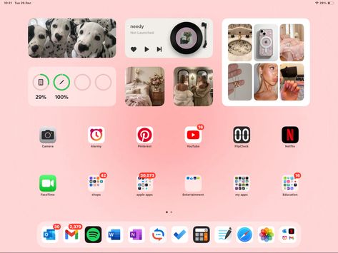 Ipad Widget Inspiration, Ipad Wallpaper With Widgets, Ipad Homescreen Ideas Aesthetic Neutral, Pink Aesthetic Ipad Setup, Clean Girl Ipad Layout, Ipad Home Screen Layout Pink, Pink Ipad Aesthetic Layout, Tablet Widget Ideas, Ipad Wallpaper Widgets