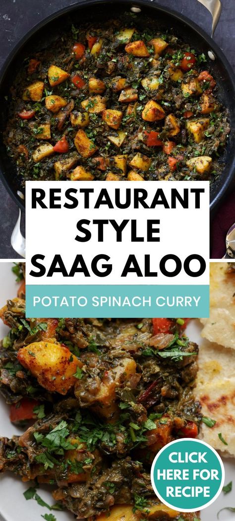 Potato spinach curry on a skillet Chana Saag, Saag Aloo, Saag Recipe, Tofu Curry, Instant Pot Cookbook, Spinach Curry, Potato Dishes, Indian Dishes, Veggie Dishes