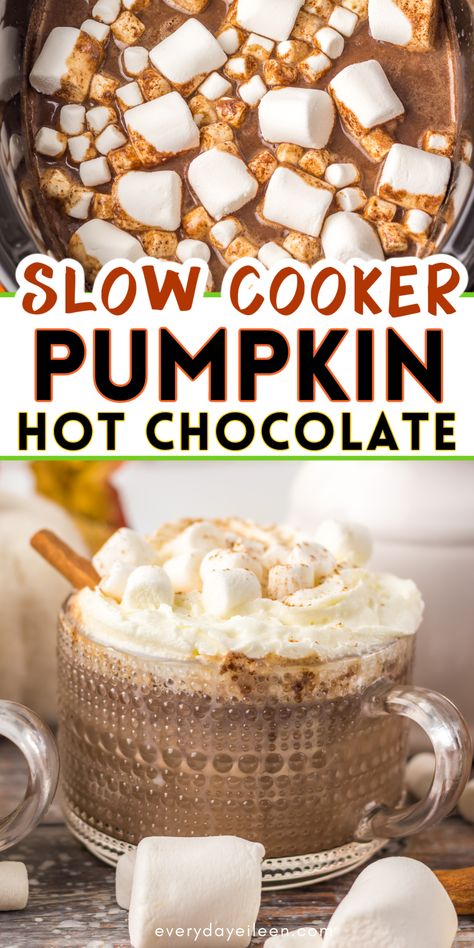 Slow Cooker Pumpkin Hot Chocolate with simple ingredients come together quickly in the slow cooker for a luscious creamy pumpkin filled hot chocolate recipe. Great for a crowd, tailgate celebrating, and sitting by the fire. The recipe combines pumpkin puree and warm pumpkin spice for the best homemade hot chocolate recipe. Best Homemade Hot Chocolate, Caramel Latte Recipe, Homemade Hot Chocolate Recipe, Caramel Macchiato Recipe, Pumpkin Hot Chocolate, Oven Roasted Green Beans, Macchiato Recipe, Recipe Ingredients List, Hot Chocolate Recipe Homemade