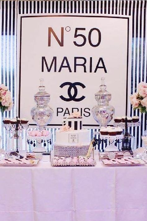 A fashionista birthday girl would love nothing more for her 50th birthday bash than to celebrate with a stylish party. You can go with a bunch of themes, such as Chanel, Kate Spade, Tiffany's, etc... according to whatever brand is most loved. See more party ideas and share yours at CatchMyParty.com Fashionista Birthday Party, Chanel Birthday Party Decoration, Coco Chanel Birthday Party, 50th Birthday Party Themes, 50th Birthday Themes, 40th Birthday Themes, Chanel Birthday Party, Chanel Birthday, 50th Birthday Party Decorations