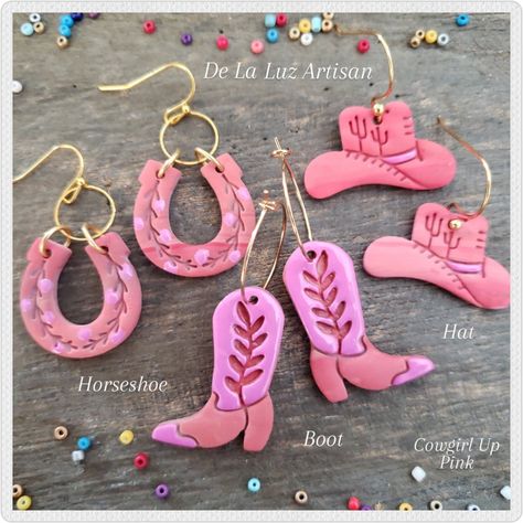 Cowgirl Up - Pink Cowgirl Polymer Clay Earrings, Horseshoe, Cowboy Hat, Cowboy Boots, Rodeo, Summer, Ranch, Farmhouse, Texas, Barbie Pink Horseshoe Cowboy, Horseshoe Gifts, Ranch Farmhouse, Pink Cowboy Boots, Horseshoe Jewelry, Diy Earrings Polymer Clay, Horse Earrings, Chapeau Cowboy, Pink Cowgirl