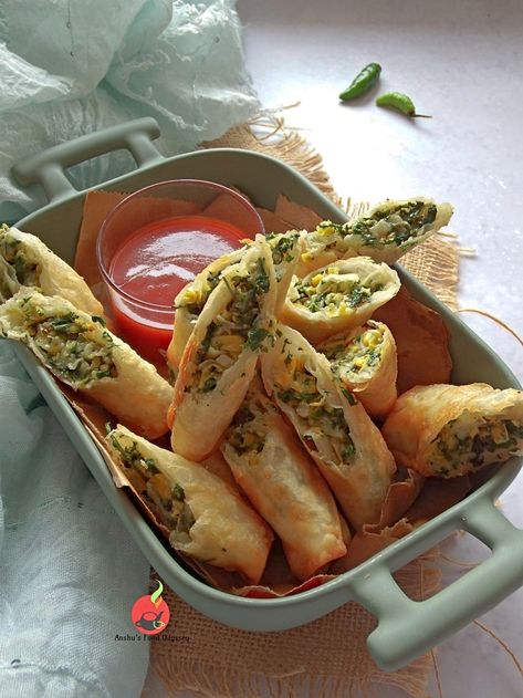 Cheesy Spinach & Corn Spring Rolls using Homemade Spring Roll Sheets Spinach Spring Rolls, Spring Roll Pastry Recipe, Boil Sweet Corn, Homemade Spring Rolls, Spring Roll Pastry, Corn Rolls, Spinach Rolls, Cheesy Spinach, Spring Roll Recipe