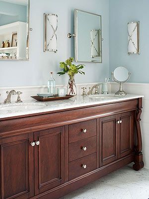 More Stylish Bathroom Color Schemes Soft Blue Walls, Best Kitchen Design, Bathroom Color Schemes, Walnut Cabinets, Master Bath Remodel, Bathroom Color, Dark Cabinets, Bathroom Redo, Wood Vanity