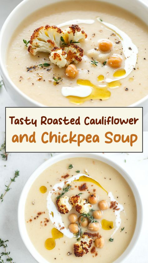 Indulge in the cozy warmth of a bowl of comforting roasted cauliflower and chickpea soup. This hearty soup is bursting with flavors, from the nuttiness of roasted cauliflower to the creaminess of chickpeas. Perfect for chilly evenings or as a light yet satisfying lunch option. Serve it as is or pair it with some crusty bread for a complete meal packed with nutritional goodness. Cauliflower Chickpea Soup, Coliflower Recipes Soup, Soup Chickpea, Cauliflower Soup Healthy, Easy Roasted Cauliflower, American Test Kitchen, Roasted Cauliflower Soup, Cauliflower Soup Recipes, Chickpea Soup