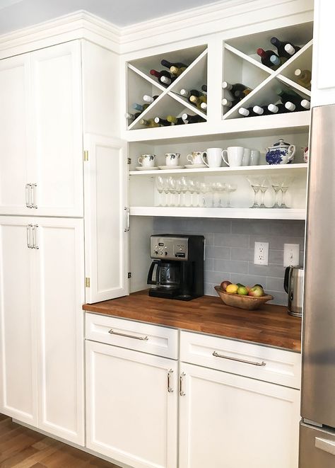 Off-white cabinets with #winebar and #coffeestation Corner Coffee Bar Ideas Station, Coffee Bar Built In, Bar Closet, Built In Coffee Bar, Wine And Coffee Bar, Coffee/wine Bar, Corner Coffee, Coffee Bar Ideas, Australia House