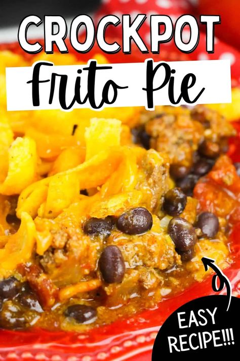 Crockpot Frito Pie Recipe with ground beef, beans, enchilada sauce, ROTEL, cheese and crispy Fritos is a new twist on a comfort food classic. Walking Tacos In Crockpot, Frito Chili Pie Crockpot, Fritos Pie Crockpot, Crock Pot Frito Chili Pie, Crock Pot Frito Pie Recipe, Frito Pie Slow Cooker, Crockpot Walking Tacos With Fritos, Crockpot Frito Pie With Enchilada Sauce, Slow Cooker Frito Pie