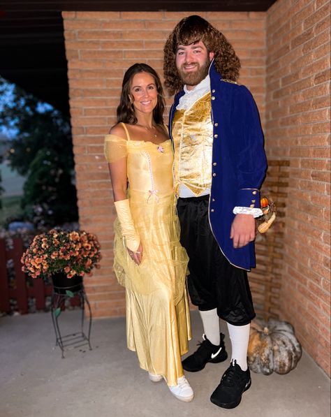 Yellow dress, beauty and the beast, blue jacket, belle Beauty And The Beast Costume Couple, Beauty And The Beast Couples Costume, The Beast Costume, Beauty And The Beast Costume, Beast Costume, Couple Costume, Couples Halloween Outfits, Couple Costumes, Couples Halloween