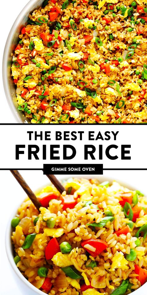 The BEST homemade fried rice recipe!! It only takes 15 minutes to make, it's easy to customize with your favorite add-ins (like chicken, pork, beef, shrimp, tofu, and/or vegetables), and it is SO flavorful and delicious! Way better than any Chinese takeout I've ever tried. ;) | gimmesomeoven.com #rice #friedrice #chinese #dinner #takeout #vegetarian #asian #easy Chinese Fried Rice Recipe Easy, Easy Chinese Rice, Shrimp Fried Rice Easy, Pork Fried Rice Easy, Simple Fried Rice Recipe, Veggie Fried Rice Recipe, Chinese Fried Rice Recipe, Chinese Rice Recipe, Shrimp Tofu