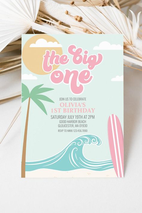 The Big One Pink Beach Birthday Invitation Beach Birthday Invite, First Birthday Beach Theme, Pink Beach Birthday, Beach First Birthday Party, The Big One First Birthday, Big One First Birthday, Beach Birthday Invitations, Beach Theme Birthday, Summer Birthday Invitations