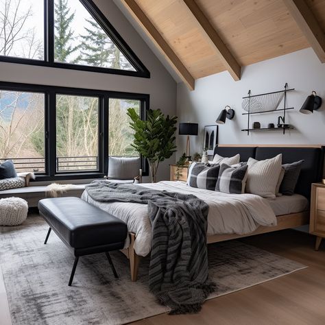 Step into the captivating embrace of a stunning black designed modern farmhouse, where sleek sophistication meets cozy serenity 🏠 The… | Instagram Double Bed Designs, Bedroom Color Combination, Estate Interior, Modern Mountain Home, Lots Of Windows, Bed Design Modern, Master Bedrooms Decor, Dream House Plans, Dream Home Design