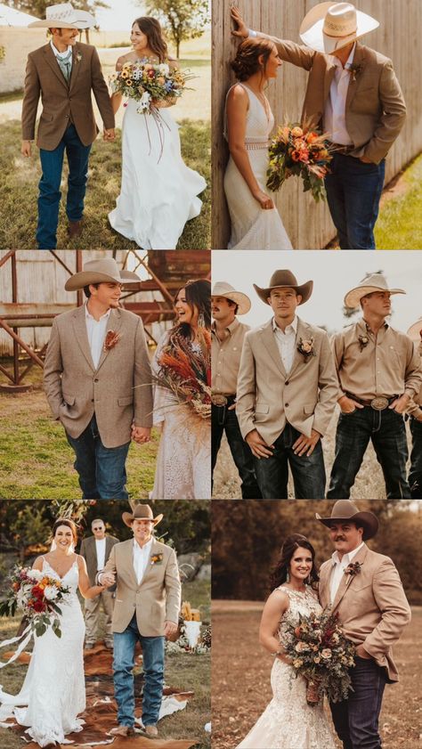 Spring Wedding Western, Sage Green And Burnt Orange Wedding, Rustic Cowboy Wedding, Western Bridesmaids, Green And Burnt Orange Wedding, Cowboy Groomsmen, Western Wedding Party, Western Wedding Colors, Mermaid Style Wedding Dresses