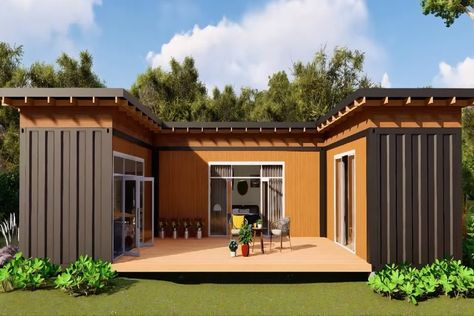 U Shaped Prefab Container House Example U Shaped Houses, Tiny Container House, A Frame Cabins, Wooden Porch, Casa Container, Prefabricated Houses, Portable House, Container House Design, A Frame House