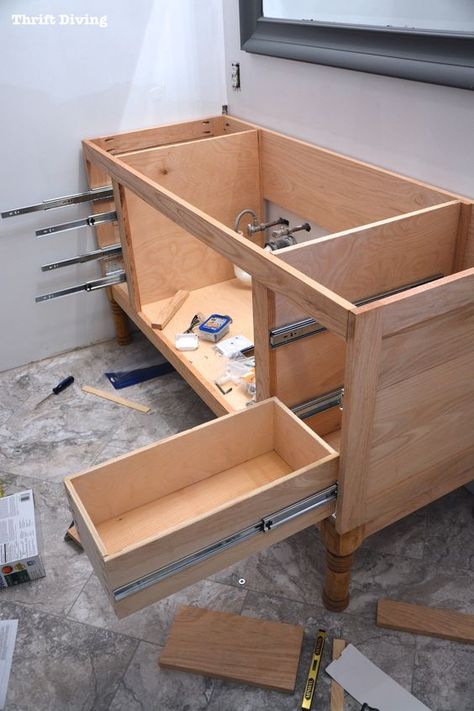 Build-a-DIY-Bathroom-Vanity-Build-drawers-cabinet-doors-Thrift-Diving-Blog 99 Build Drawers, Building Kitchen Cabinets, Diy Bathroom Vanity, Kabinet Dapur, Vanity Drawers, Diy Vanity, Diy Bathroom Decor, Diy Kitchen Cabinets, Bathroom Vanity Cabinets