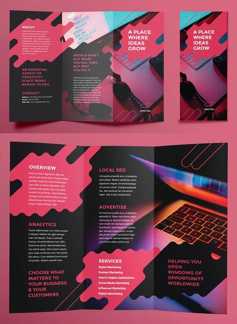 Digital Ad Agency Brochure Trifold Digital Brochure Design Layout, Science Brochure Design, Booklet Ideas, Event Brochure, Brochure Design Layouts, Digital Advertising Agency, Brochure Trifold, Brochure Design Creative, Business Brochure Design