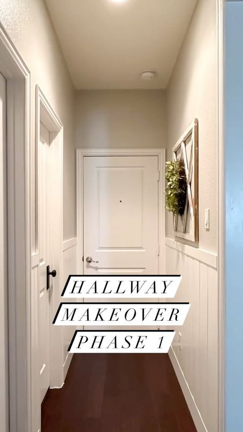 Hallway Shiplap Halfway, Back Hallway Ideas, Hallway Shiplap, Hallway Makeover Before And After, Shiplap Hallway, Hallway Transformation, Diy Privacy Fence, Hallway Makeover, House Redo