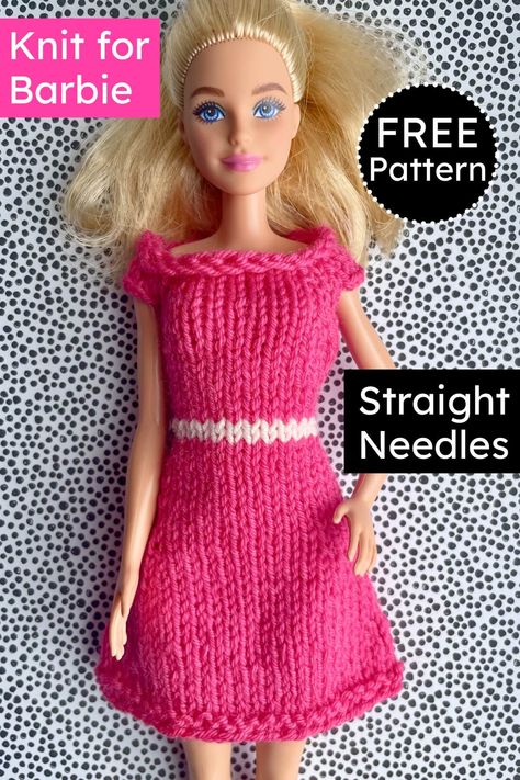 Free cute barbie doll dress knitting pattern for straight needles with yarn scraps. Fits any 11.5 inch fashion dolls. Dress Knitting Pattern, Barbie Doll Dress, Crochet Barbie Patterns, Cute Barbie, Yarn Scraps, Dress Knitting, Girls Knitted Dress, Free Barbie, Barbie Knitting Patterns