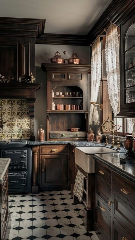 Home Decor Kitchen Vintage: 20 Charming Ideas Victorian Style Kitchen Cabinets, Gothic House Decor Ideas, Home Decor Old House, Cozy Kitchen Black Counter, Antique Cabinets In Kitchen, English Tudor Homes Interior Kitchen, Vintage Homes Interior, Antique Kitchen Aesthetic, Vintage Kitchen Dishes