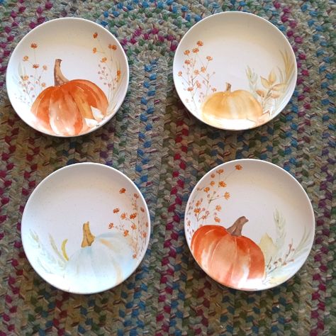 Beautiful Linden Brand Set Of Four Salad Plates. Sturdy Stoneware Plates Microwave And Dishwasher Safe Beautiful Fall Gift. Perfect For Thanksgiving. Ships Promptly In Original Packaging Clay Thanksgiving Crafts, Fall Ceramic Painting Ideas, Pottery Painting Ideas Fall, Autumn Pottery Painting, Fall Pottery Painting Ideas, Fall Pottery Painting, Hand Painted Pottery Bowls, Fall Pottery Ideas, Thanksgiving Pottery