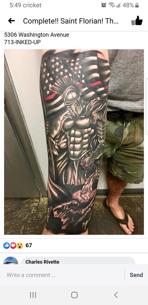 Sleeve Tattoos For Firefighters, Fire Flag Tattoo, St Florian Tattoo Sleeve, Mens Firefighter Tattoo, Firefighter Tatoos Ideas, Firefighter Sleeve Tattoos For Guys, Firefighter Tattoo Ideas For Men, Saint Florian Tattoo, St Florian Tattoo