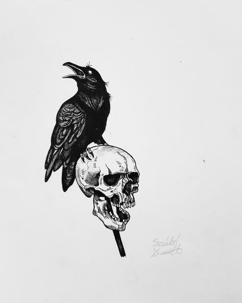 Raven Tattoos Ideas, Crow Standing On Skull Tattoo, Dark Dainty Tattoos, Crow Line Art Tattoo, Crow On Skull Tattoo, Crow Book Tattoo, Dark Naturalism Tattoo Ideas, Crow Tattoo Linework, Dark Academia Aesthetic Tattoo