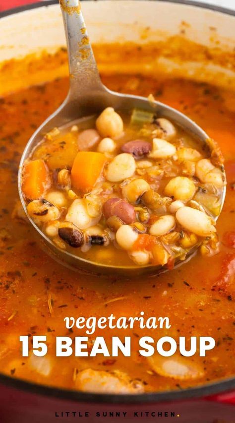 This easy 15 bean soup uses a bag of dried beans to make the most delicious vegetarian bean soup that is filling and comforting too.