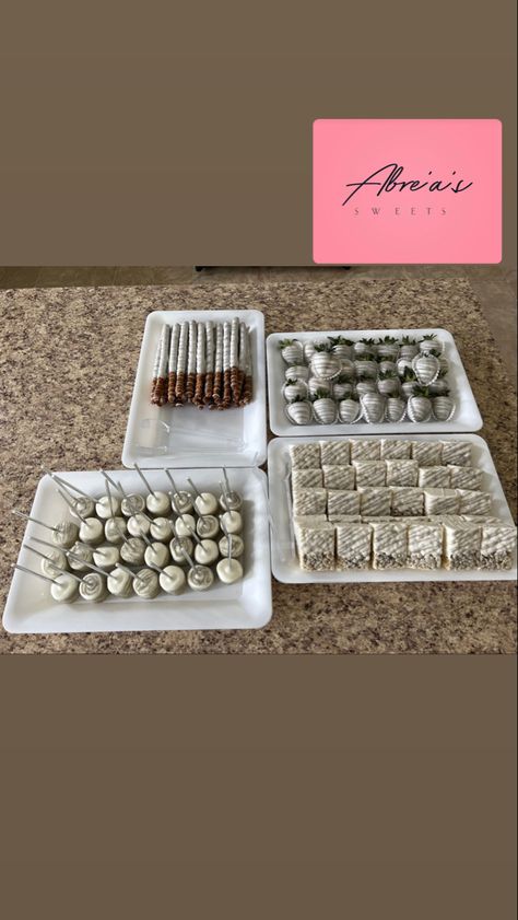 Silver Snacks For Color Party, Silver Dessert Table, Silver Foods For Party, Black And Silver Treat Table, Silver Food, Silver Treats Table, Black White And Silver Treat Table, White Foods For Color Party, Silver Candy Table