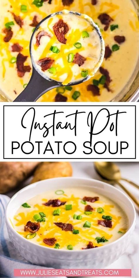 Creamy, delicious and easy Instant Pot Potato Soup is the perfect quick dinner recipe. It uses frozen cubed hash browns for easy prep! Don't forget to garnish it with bacon, cheese and more. Loaded Baked Potato Soup Instant Pot Frozen Potatoes, Frozen Cubed Hashbrown Recipes, Food Instant Pot, Instant Pot Potato Soup, Pressure Cooker Potatoes, Potato Bacon Soup, Cheesy Potato Soup, Potato Soup Easy, Loaded Potato Soup