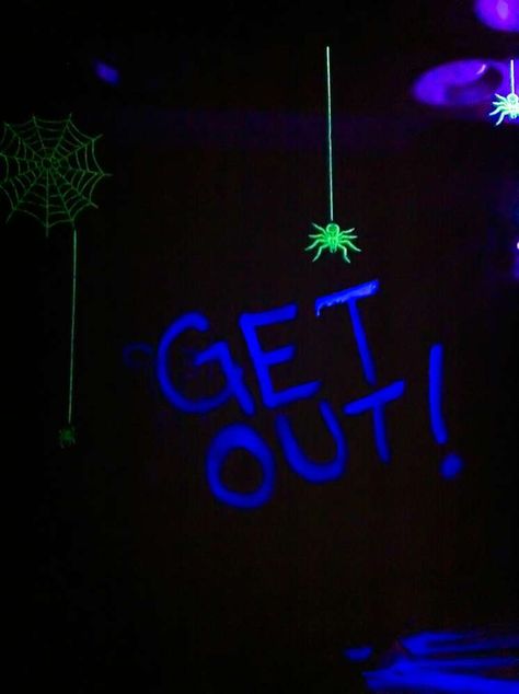 Halloween Club Decoration, Glow Halloween Party, Glow In The Dark Halloween Party, Frat Basement, Dark Halloween Party, Neon Halloween Party, Blue Quote, Halloween Party Photo, Glow Halloween