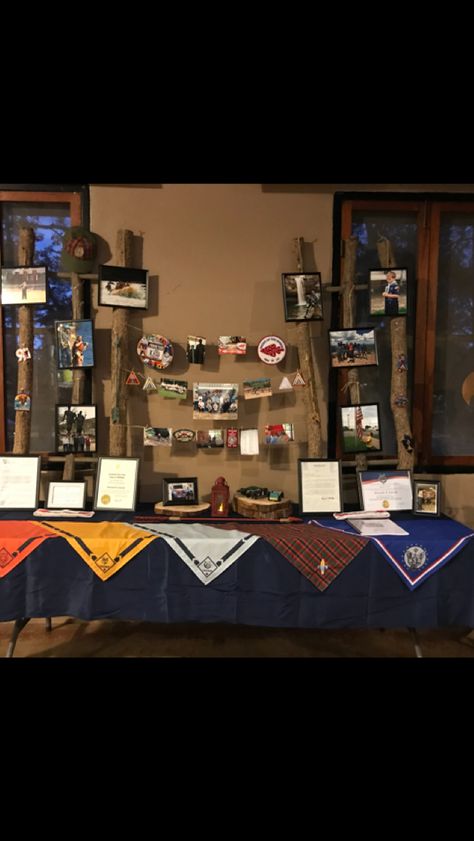 Memorabilia Table for reception. Eagle Scout Table Decorations, Boy Scout Games, Eagle Scout Project Ideas, Scout Games, Boy Scouts Eagle, Memorabilia Display, Eagle Scout Ceremony, Arrow Of Lights, Eagle Scouts