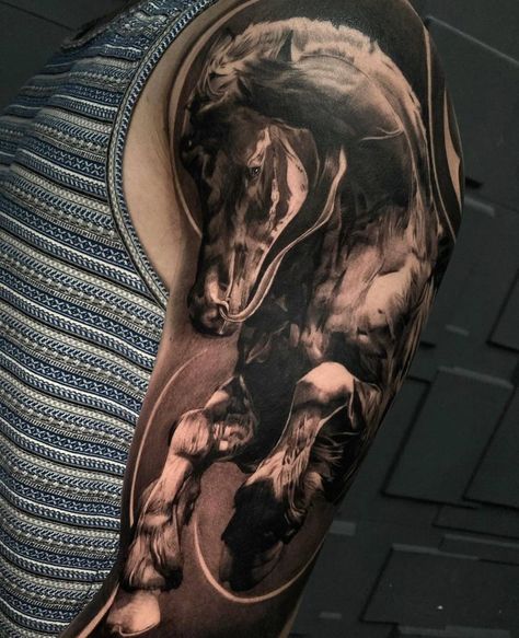 3d Horse Tattoo, Mexican Horse Tattoo, Mens Horse Tattoo, Horse Realism Tattoo, Horse Sleeve Tattoo, Horse Tattoo For Men, Black Horse Tattoo, Dark Horse Tattoo, Andrew Tattoo