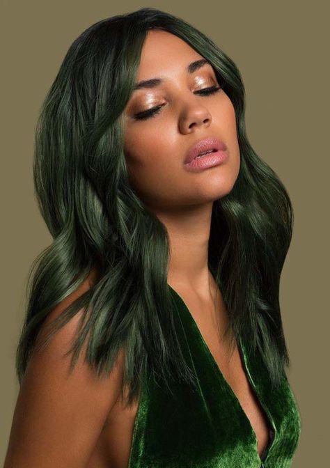 Green hair Green Hair On Brown Skin, Forest Green Hair Dark, Dark Ombre Hair Color, Hunter Green Hair, Olive Hair Colour, A3 Hair, Olive Green Hair, Forest Green Hair, Hair Color Styles