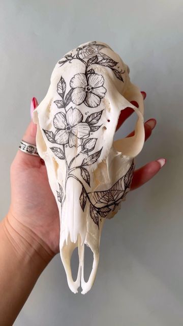 Decoupage Deer Skull, Animal Skull Sculpture, Pyrography On Bone, Cow Jaw Bone Art, Painted Deer Skulls Ideas, Decorated Animal Skulls, Bone Art Diy, Animal Skull Painting, Bone Engraving